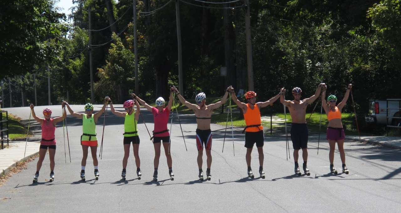 The team at the finish!  From left to right:  Jessie Diggins, Erika Flowers, Sophie Caldwell, Annie Pokorny, Myself, Ben Saxton, Skyler Davis, and Annie Hart.   