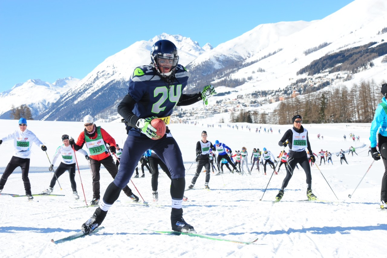 Tony also skied the whole 42k in a Marshawn Lynch costume, complete with regulation pads, jersey, and helmet. To make it authentic, he went with no poles cradled a football. It was awesome! Thanks Tony!