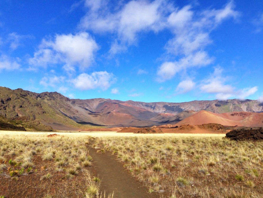 Four miles into the run, at the bottom of the valley, looking back up at the summit and sliding sands trail.