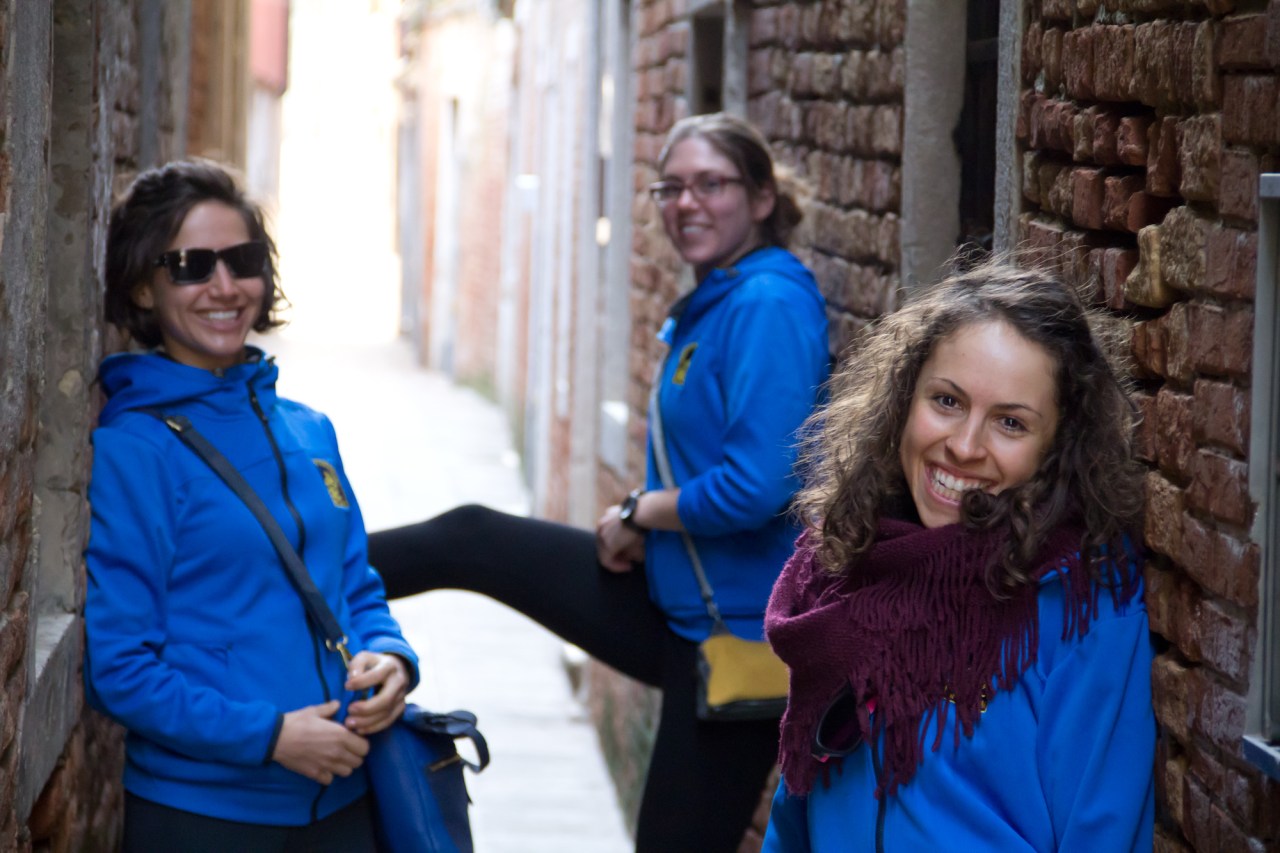 The narrow "streets" of Venice form a labyrinth through the city.  The girl band shot.